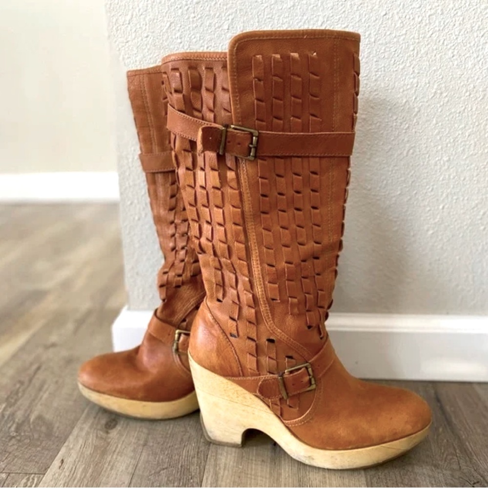 VINTAGE KENNETH COLE BROWN WOVEN LEATHER WOOD CLOG PLATFORM BOOTS US 8